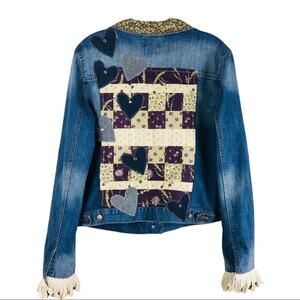 Gap blue purple green floral boho quilted patchwork upcycled jean jacket medium